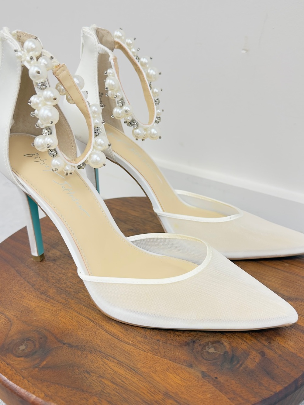 Betsey Johnson White Pearl-Embellished Pointed Toe Heels‎